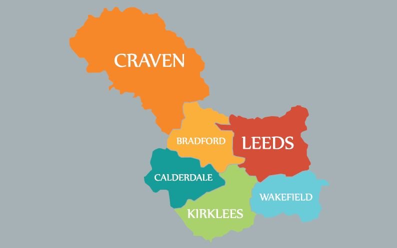 Map of Craven, Bradford, Leeds, Calderdale, Kirklees and Wakefield